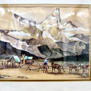Vintage Western Watercolor Landscape Painting Framed Mountain Horse Cabin